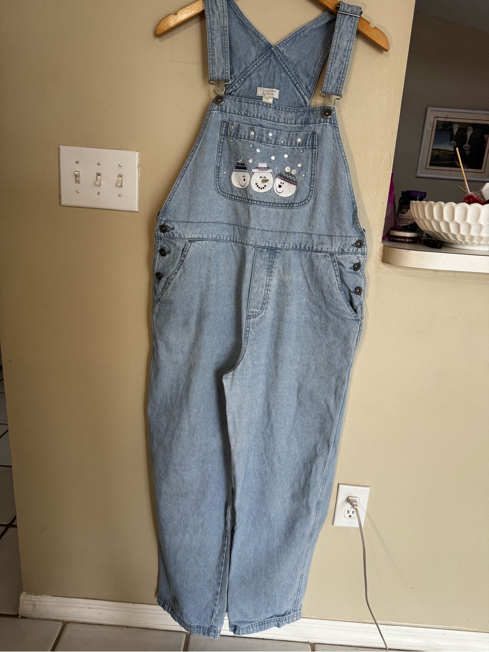 Christopher & Banks Light Blue Denim Overalls with Snowman Pocket L Vintage